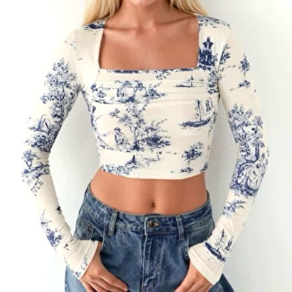 New Cider Santorini Crop Top Toile Cottagecore Square Neckline Womens M